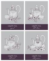 Bundle of gorgeous outline drawings of teapot, cup, green tea leaves, flowers, lemon, mint and jasmine. Set of delicious naturally flavored beverages. illustration in retro etching style. vector