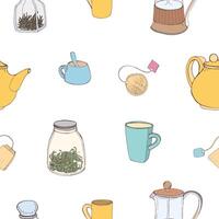 Seamless pattern with colorful hand drawn kitchen tools and ingredients for making and drinking tea on white background. illustration for wallpaper, textile print, wrapping paper, backdrop. vector