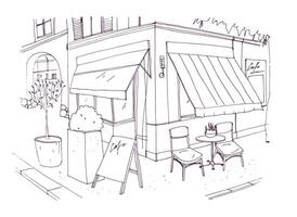 Freehand drawing of european sidewalk cafe or restaurant with table and chairs standing on city street beside building. illustration drawn with black contour lines on white background. vector