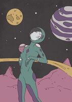 Woman dressed in space suit standing on surface of uninhabited planet and looking up. Girl in helmet watching stars and celestial bodies. Female science fiction character. Modern illustration. vector