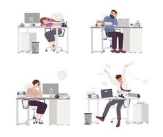 Collection of depressed people at work. Tired male and female office workers sitting, sleeping or expressing anger at desks with computers. Set of flat cartoon characters. Colored illustration. vector