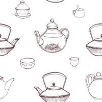 Elegant monochrome seamless pattern with traditional Japanese tea ceremony tools hand drawn with contour lines on white background - teapot, cups or bowls, Tetsubin kettle. illustration. vector