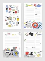 Set of vertical card templates for making notes about cooking homemade meals and food preparation. Blank recipe book pages decorated with kitchen utensils, ingredients and spices. illustration. vector