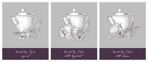 Collection of beautiful labels with teapot, cup, black tea leaves, flowers, bergamot and lemon. Hand drawn set of tasty naturally flavored drinks. Detailed illustration in vintage style. vector