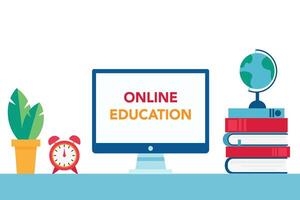 Online education concept. Computer, books clock and globe vector