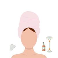 facial masaje y piel cuidado concepto. mujer hacer cosmético spa procedimientos para cara con jade rodillo. Mañana rutina. vector