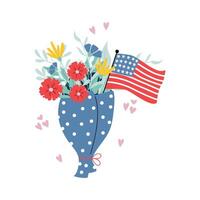 Handdrawn flower bouquet with American flag. Design on 4th of July with poppy flowers. vector