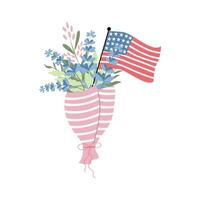 Handdrawn flower bouquet with american flag. Design on 4th of July. vector