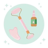 Rose quartz roller and gua sha scraper, serum. Pink set. vector