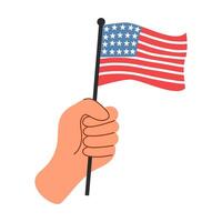 Handdrawn illustration of hand holding an American flag. Design for 4th of July. vector