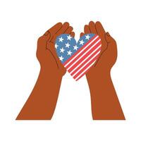 Handdrawn illustration of dark skin hands holding a heart with Amercian flag. Design for 4th of July. vector