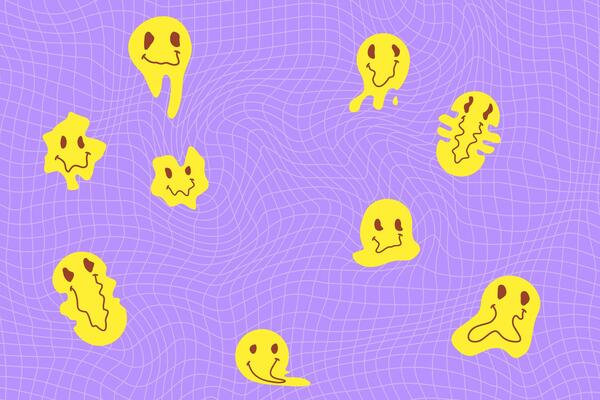 Purple acid chequered background with white melted smiles.