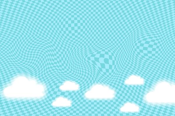 Blue psychedelic chequered background with white aura clouds.