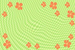 Green retro psychedelic checkerboard pattern with orange flowers. Groovy funky textures. vector