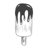 Ice cream sketch isolated on white background. Eskimo pie. Ice cream on a stick with chocolate glaze. Chocolate topping. Frozen dessert. Black and white gelato drawing with hatching vector