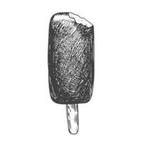 Ice cream sketch. Bitten ice cream isolated on white background. Eskimo pie. Ice cream on a stick with chocolate glaze. Chocolate topping. Frozen dessert. Black and white gelato drawing with hatching vector