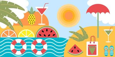 verano. conjunto de verano antecedentes. Fruta playa paraguas, dar la vuelta fracasos y cóctel. resumen fondo, patrones para carteles, cubiertas, volantes, pancartas vector