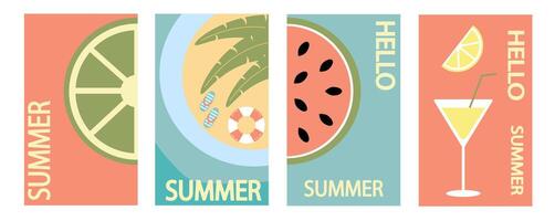 verano. conjunto de verano antecedentes. Fruta playa paraguas, dar la vuelta fracasos y cóctel. resumen fondo, patrones para carteles, cubiertas, volantes, pancartas vector