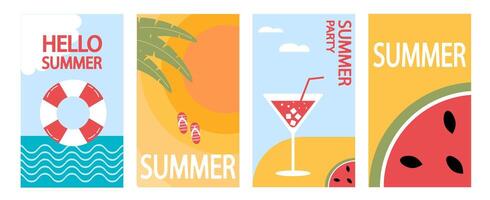 Summer. Set of summer backgrounds. Fruit beach umbrella, flip flops and cocktail. Abstract background, patterns for posters, covers, flyers, banners. vector