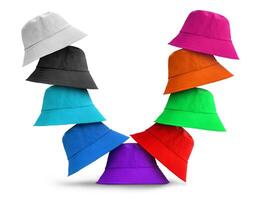 colorful bucket hats Isolated on a white background photo