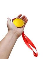 Holding a gold medal winner white background photo