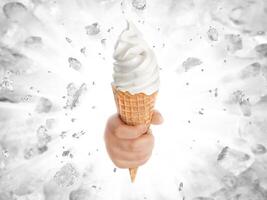 Soft ice cream in hand on background of broken ice photo