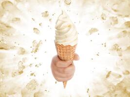 Soft ice cream in hand on background of broken ice photo