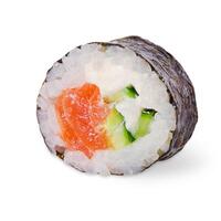 Roll with rice, noori seaweed, salmon, cucumber and Philadelphia cheese. Photo of food roll isolate.