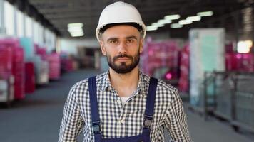 retrato do profissional armazém trabalhador vestindo segurança uniforme e capacete video