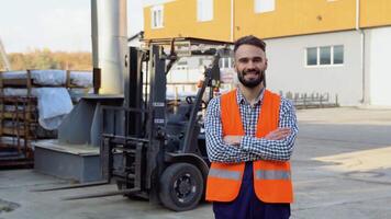 Portrait of warehouse worker wearing uniform against the background of the warehouse loader video