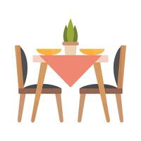 hogar maravillas ilustrado mesa esenciales, incluso sillas, platos, y flores vector