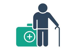 health icon. elderly using walking stick with health box. icon related to elderly. solid icon style. old age element illustration vector