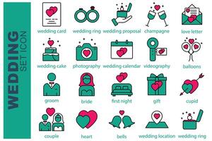 wedding icon set. groom, bride, cupid, wedding card and more. flat line icon style. wedding element illustration vector