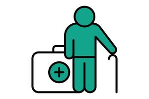health icon. elderly using walking stick with health box. icon related to elderly. flat line icon style. old age element illustration vector