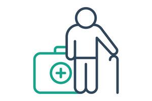 health icon. elderly using walking stick with health box. icon related to elderly. line icon style. old age element illustration vector