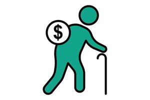 retirement icon. elderly using walking stick with dollar. icon related to elderly. flat line icon style. old age element illustration vector