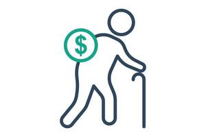 retirement icon. elderly using walking stick with dollar. icon related to elderly. line icon style. old age element illustration vector