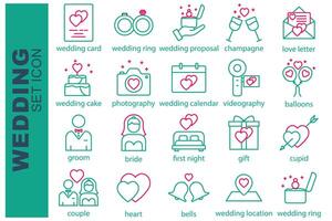 wedding icon set. groom, bride, cupid, wedding card and more. line icon style. wedding element illustration vector