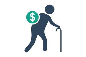 retirement icon. elderly using walking stick with dollar. icon related to elderly. solid icon style. old age element illustration vector