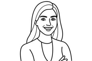 Portrait of handsome smiling young woman with folded arms, line art vector