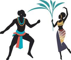 Silhouettes of black African man and woman dancing on the go an ethnic dance, artwork featuring the culture of Africa. vector