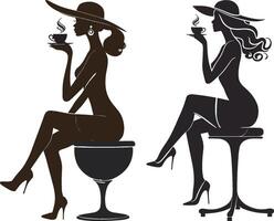 Silhouette of a woman wearing a hat and sitting on a stool with a cup of coffee vector
