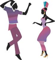 Silhouettes of black African man and woman dancing on the go an ethnic dance, artwork featuring the culture of Africa. vector