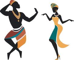 Silhouettes of black African man and woman dancing on the go an ethnic dance, artwork featuring the culture of Africa. vector