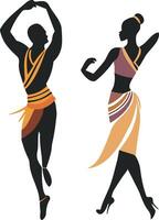 siluetas de negro africano hombre y mujer bailando en el Vamos un étnico bailar, obra de arte presentando el cultura de África. vector