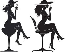 Silhouette of a woman wearing a hat and sitting on a stool with a cup of coffee vector