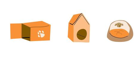 Pet bed, house, Pet carrier, small dog kennel - set of dog supplies vector