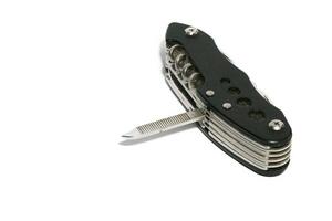 Pocket knife. Steel arm. Multi tool kit. A small folding knife was tied. Multi tool for climbing. White background pocket folding knife photo