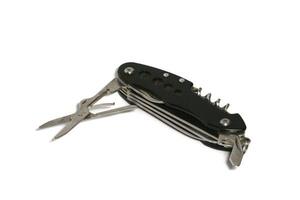 Pocket knife. Steel arm. Multi tool kit. A small folding knife was tied. Multi tool for climbing. White background pocket folding knife photo