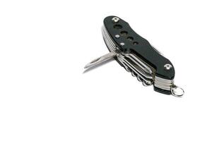 Pocket knife. Steel arm. Multi tool kit. A small folding knife was tied. Multi tool for climbing. White background pocket folding knife photo